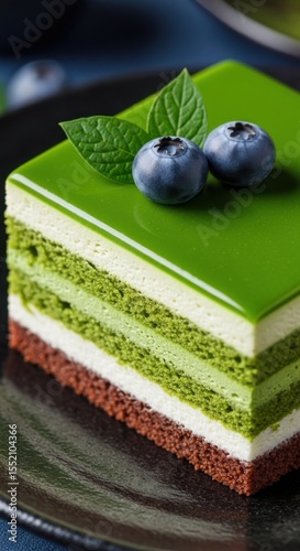 Green tea cake with blueberries and mint leaves sits on a dark plate