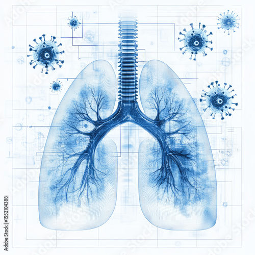 Human Hermaphroditus HEMP, with blueprint of lungs and virus in the background.