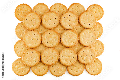 Round salted cracker cookies isolated on white background. Snacks. Beer snack. Close-up