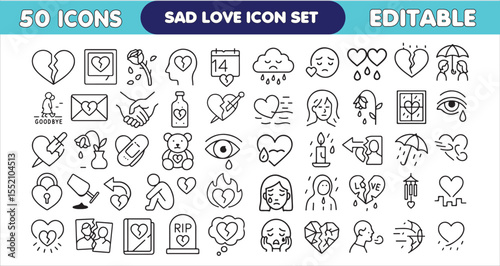 Heartbreak and Sad Love Line Icons - Editable Emotional Vector Set