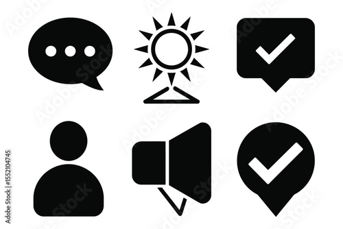 Tick and ok silhouette vector icon set combined with vector set of speech and talk bubbles illustrations on white background collection

