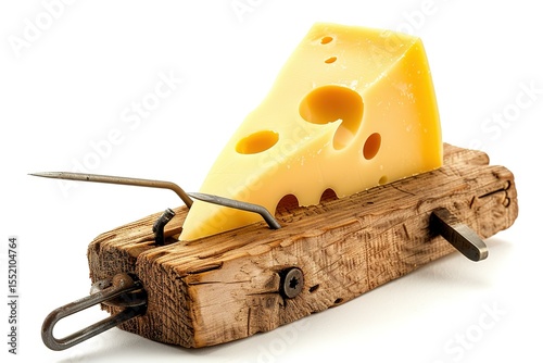 Chunk of cheese in a rudimentary contraption against a white background