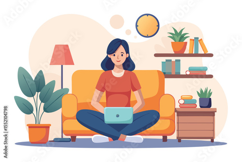 Woman sitting comfortably on a couch at home, working on her laptop in a cozy and inviting living room atmosphere during the afternoon
