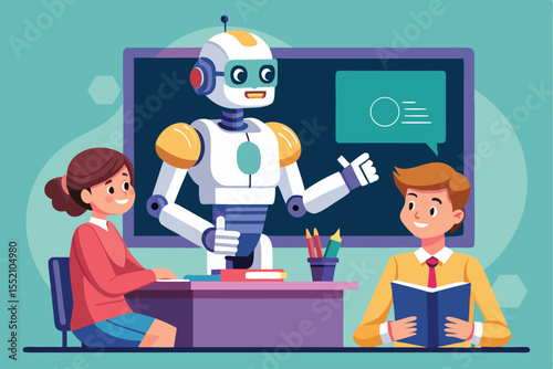 Educational robot assists students in a modern classroom by guiding lessons with interactive technology