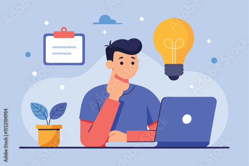Man contemplating ideas while sitting at his desk with a laptop and a light bulb symbolizing creativity in an office environment