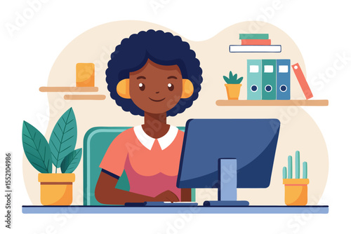 Black woman engaged in focused work at a home office, using a computer surrounded by plants and organizational tools during the day