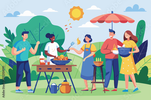 Friends enjoy a lively backyard barbecue party on a sunny day surrounded by greenery celebrating good food and great company