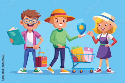 Vector characters of diverse ages and genders engaging in a cheerful shopping activity in a colorful environment