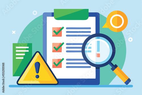 Risk assessment concept document being examined with a magnifying glass and warning symbols on a blue background