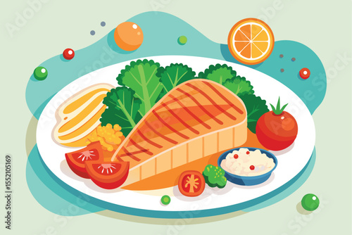 Grilled salmon served with fluffy rice, steamed broccoli, fresh tomatoes, and hearty pumpkin mash in a colorful presentation