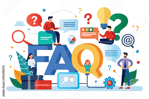 Illustrations depicting frequently asked questions for various topics and activities, featuring diverse characters engaged in inquiry and communication