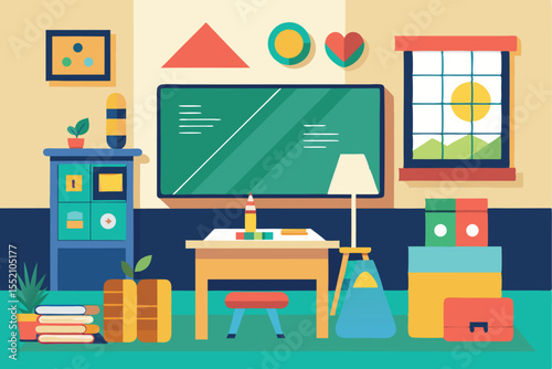 Classroom setting featuring geometric desks, a blackboard, vibrant decor, and educational tools in a bright environment showcasing learning and creativity