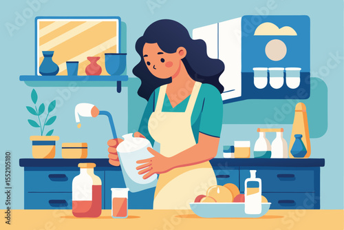 Woman prepares a baby bottle with milk in a cozy kitchen filled with colorful bottles and fresh ingredients