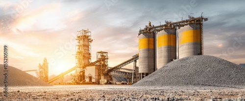 The industrial landscape featuring a cement factory and silos at sunset.