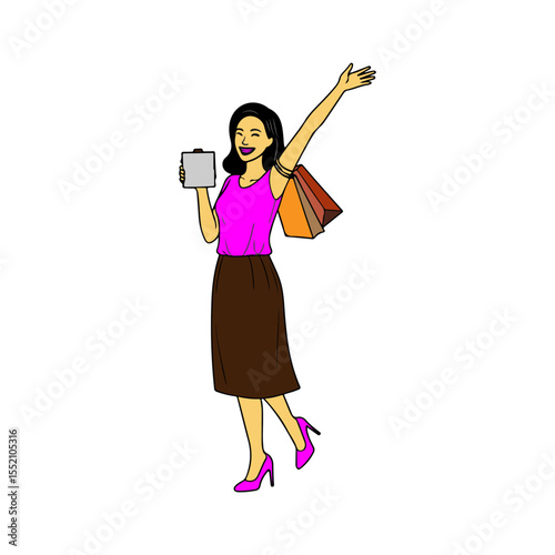 Vector drawing of a woman happy with shopping