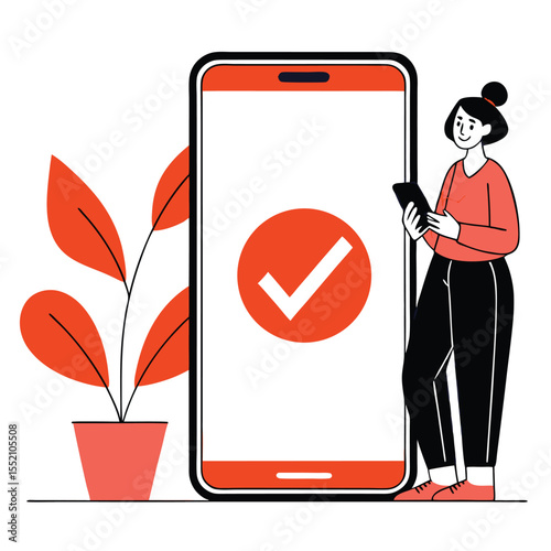 Asian woman with phone stands by large smartphone featuring a checkmark icon