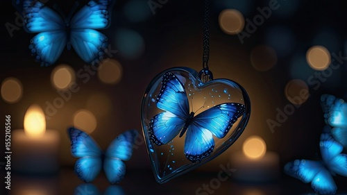 Blue butterflies in the shape of a heart. 3D rendering.