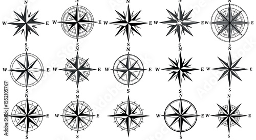 Collection of classic compass rose designs for nautical and navigation projects vector illustration