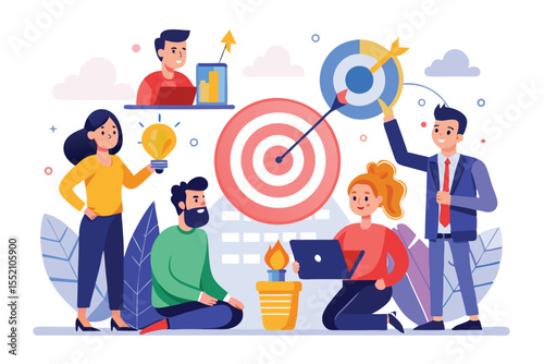 Team collaboration in a flat design concept showcasing diverse individuals working to build an organization and achieve shared goals in an engaging and vibrant workspace