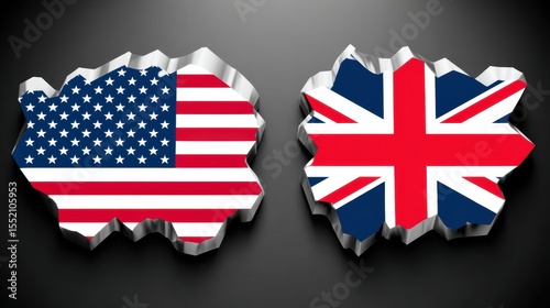 Two metallic puzzle pieces shaped like countries, painted with the American and British flags, symbolizing unity and connection between the USA and UK.
