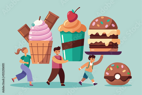 Tiny people joyfully carry giant chocolate bars and delicious desserts through a playful landscape filled with color and excitement during a sunny afternoon