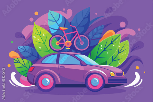 Vibrant purple car with a bicycle on the roof surrounded by tropical leaves in a colorful abstract setting during a sunny day