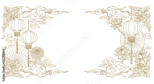 Elegant asian floral and lantern frame design for card or poster vector illustration