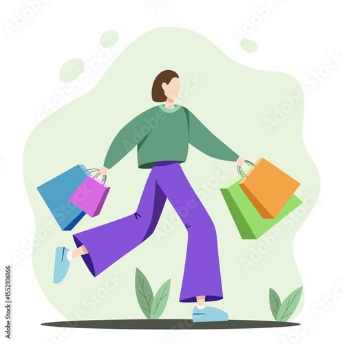Young attractive fashionable woman running with shopping bags.