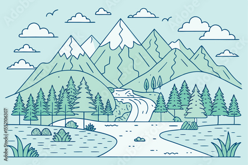Mountain river flowing through a lush forest with towering peaks under a clear sky captured in serene natural beauty