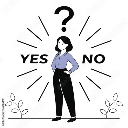 An Asian woman stands between yes and no, wondering, with a question mark