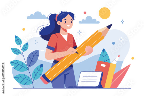 Young woman engaged in note-taking with a large pencil in an inspiring study environment during the day while surrounded by colorful stationery