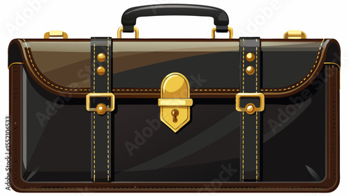 Classic black leather briefcase with gold accents on a white background.