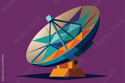 Intricate design of a flat satellite dish showcasing geometric shapes and vibrant colors against a solid purple background
