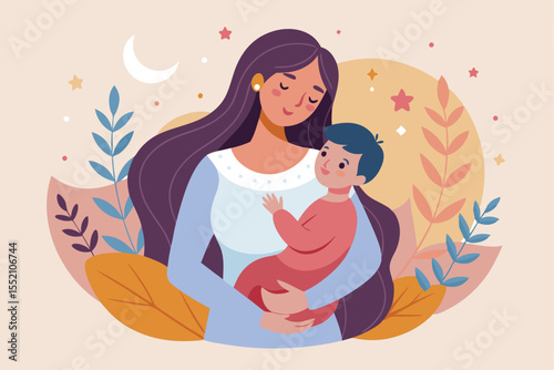 Mother holds her baby tenderly against a pastel background with soft colors and gentle foliage, creating a serene and loving atmosphere that celebrates their bond