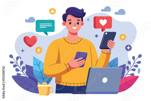 Social media influencer engaging with audience through phone and laptop while working from a creative workspace surrounded by colorful plants