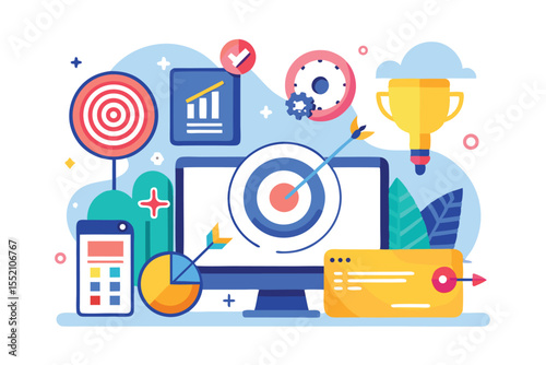 Exploring the essentials of SEO strategy with flat illustrations of targets, charts, and analytics on a computer screen in a modern digital workspace