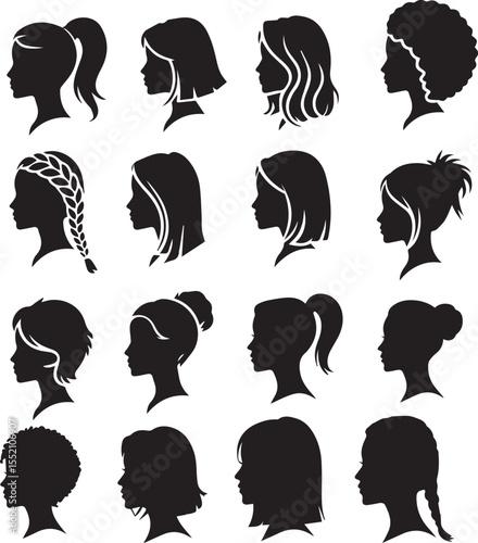 Woman Hairstyle Silhouettes Vector Bundle – Female Hair Profiles, Afro, Bun, Ponytail, Braids, Short & Long Hair Line Art