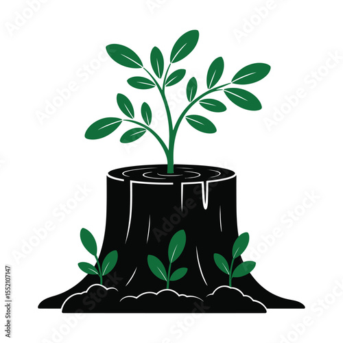 A minimalist illustration of a young green plant growing from a black tree stump