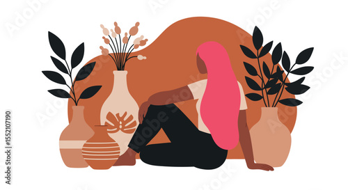 Relaxed moment in bohemian style with indoor plants and decorative vases, ideal for home decor and design vector illustration