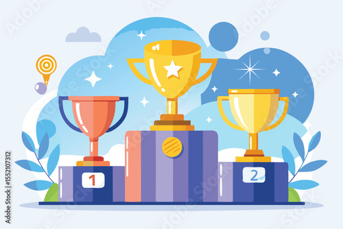 Winner podium design with trophies showcasing first, second, and third place honors in a vibrant, celebratory setting