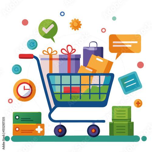 lat design illustration of a shopping cart with gift boxes, chat bubbles, and digital commerce icons.