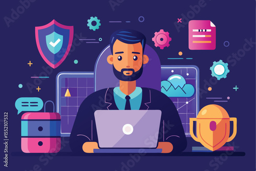 Man utilizing artificial intelligence for cybersecurity analysis and protection in a modern workspace with digital elements