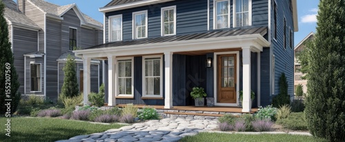 The modern blue house with inviting porch and beautiful landscaping.
