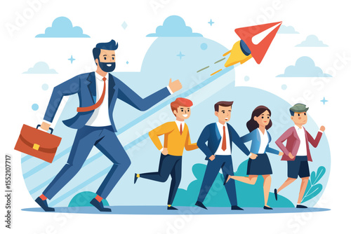 Businessman leading a team toward success with determination and a focus on innovation in a collaborative environment