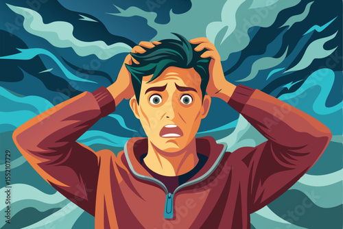 Young man expressing frustration and stress while pulling his hair in a colorful abstract background depicting turmoil during a challenging moment