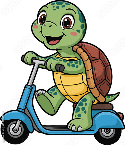 Cheerful cartoon turtle riding a blue scooter with happy expression and smiling face vector illustration