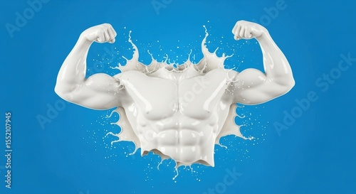 Muscular body made of milk splashes, flexing biceps against solid blue backdrop
