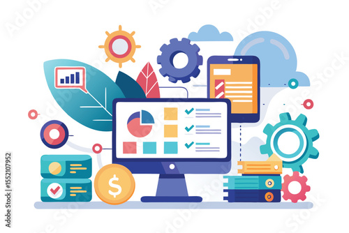 Software development testing and deployment concept featuring digital tools and analytics on a computer screen in a vibrant, modern workspace setting
