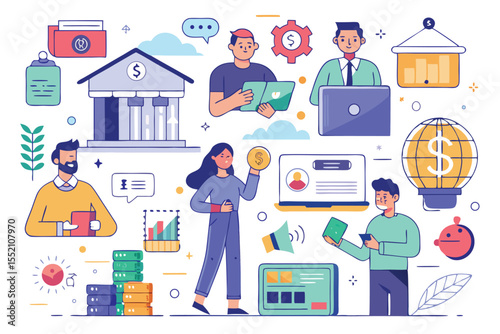 Hand drawn illustrations depicting online banking and finance activities including payments, transactions, and customer interactions in diverse settings