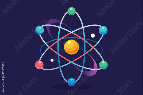 Vector representation of an atom model showcasing geometric electrons and protons set against a dark background, illustrating basic principles of atomic structure in science